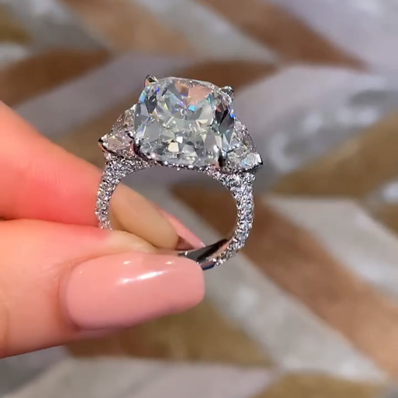 10ct Cushion Cut White Sapphire Three Stone Pave Engagement Ring