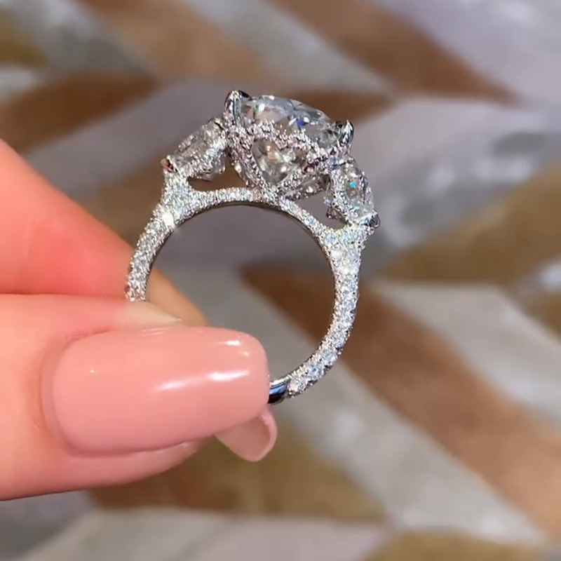 10ct Cushion Cut White Sapphire Three Stone Pave Engagement Ring