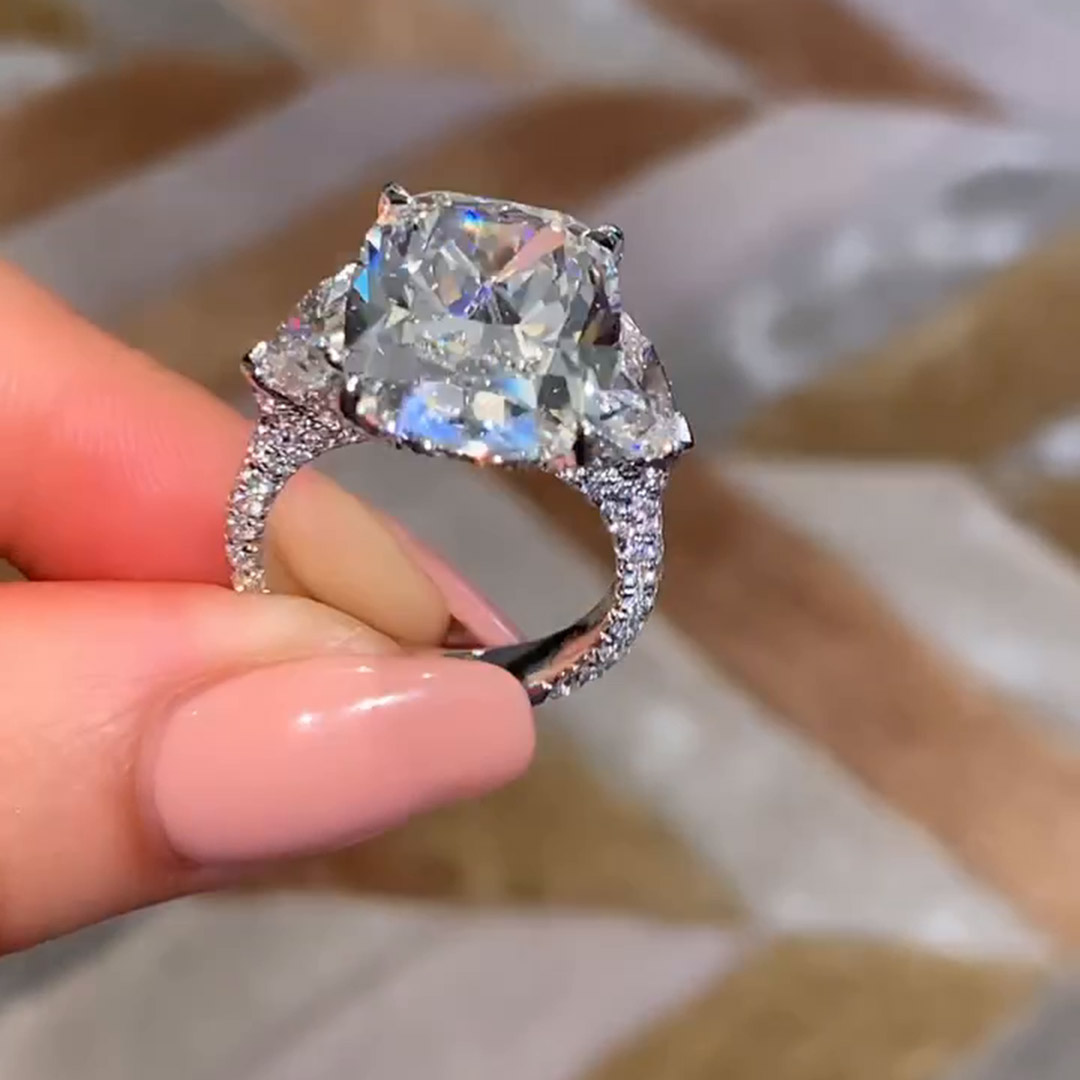 10ct Cushion Cut White Sapphire Three Stone Pave Engagement Ring