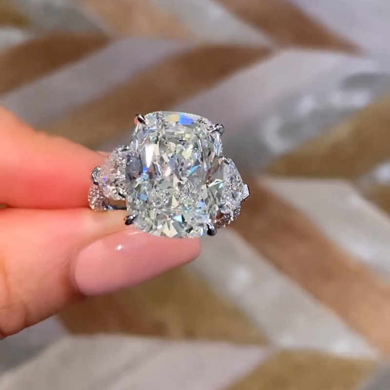 10ct Cushion Cut White Sapphire Three Stone Pave Engagement Ring