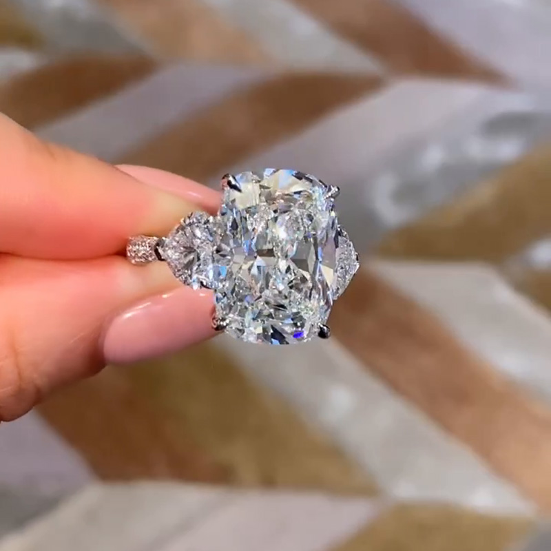 10ct Cushion Cut White Sapphire Three Stone Pave Engagement Ring