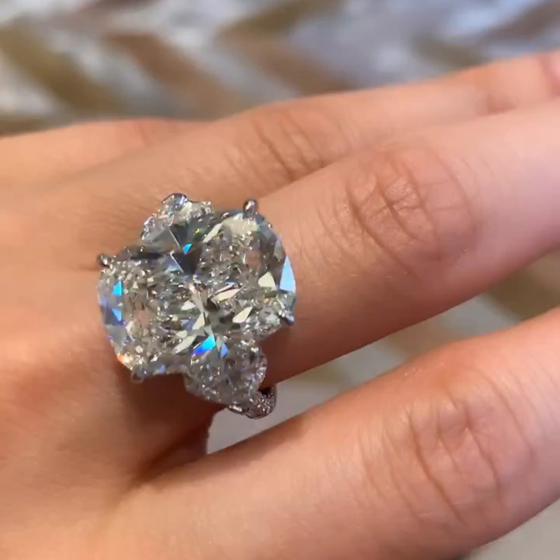 10ct Cushion Cut White Sapphire Three Stone Pave Engagement Ring