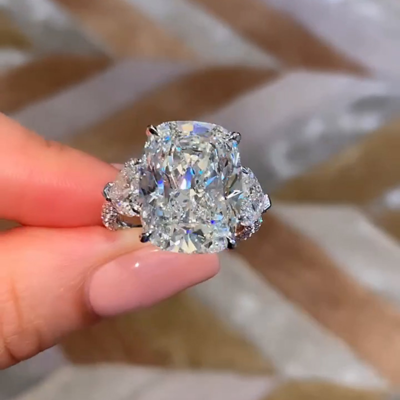 10ct Cushion Cut White Sapphire Three Stone Pave Engagement Ring