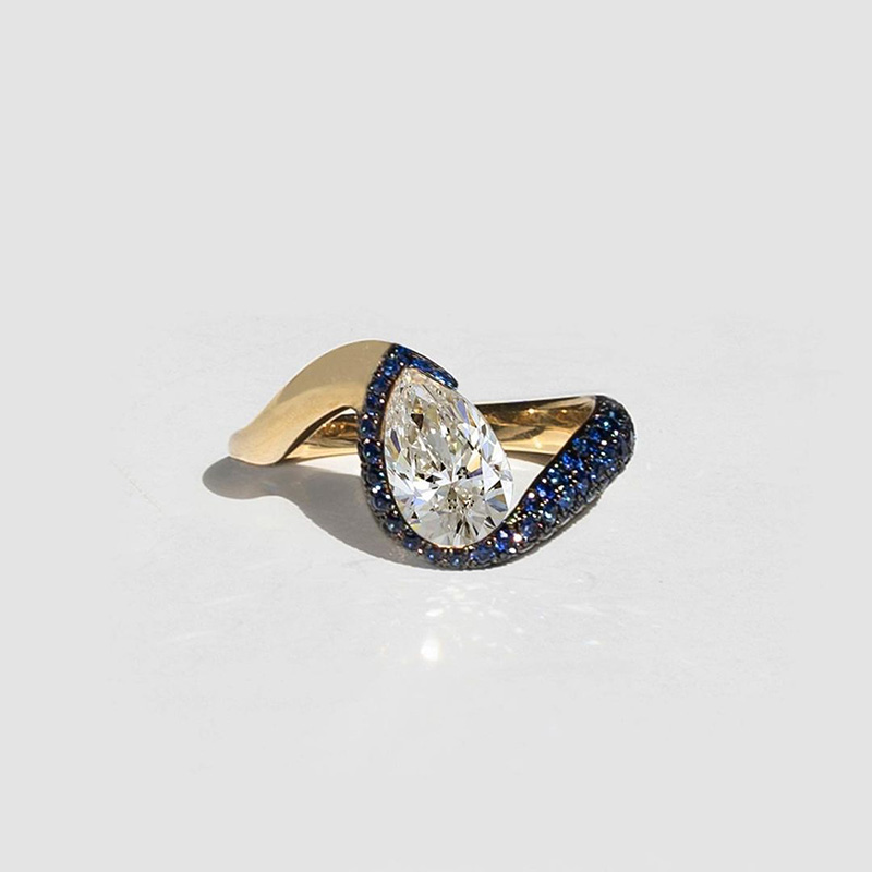4ct Pear Cut Paved Blue Sapphires Engagement Ring In Yellow Gold
