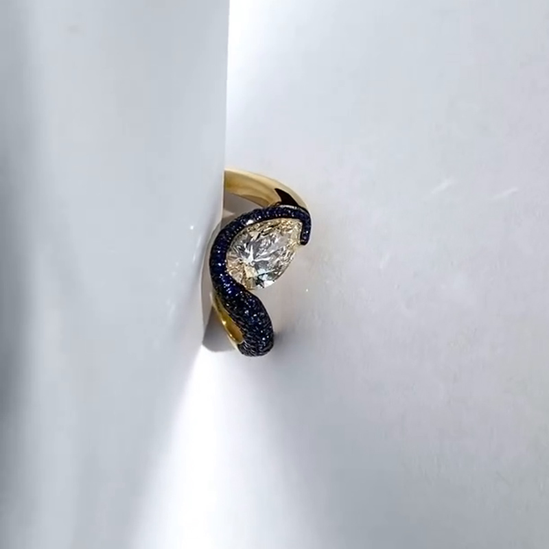 4ct Pear Cut Paved Blue Sapphires Engagement Ring In Yellow Gold