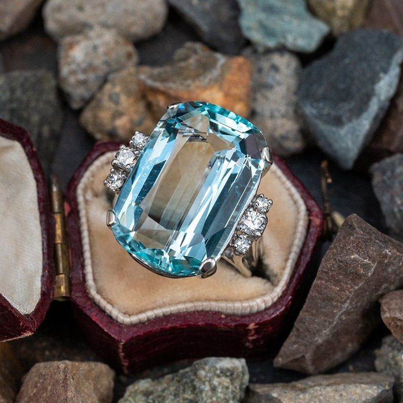 23ct Cushion Cut Aquamarine Vintage Handmade Cocktail Ring