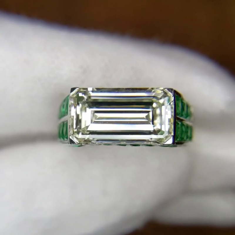 3.58ct Emerald Cut White Sapphire Paved Emeralds Handmade Engagement Ring