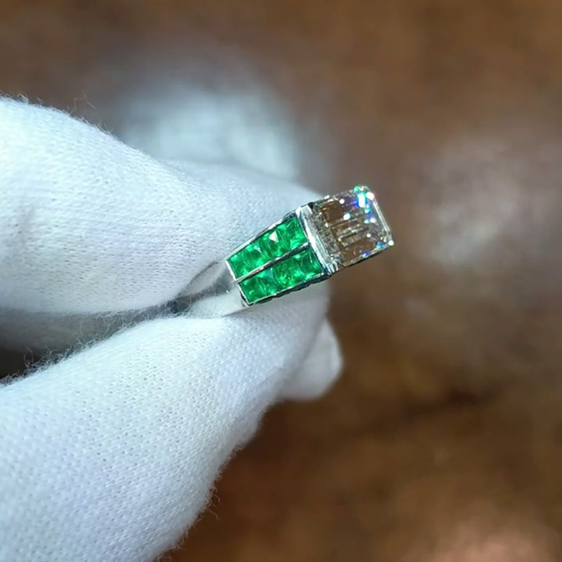 3.58ct Emerald Cut White Sapphire Paved Emeralds Handmade Engagement Ring