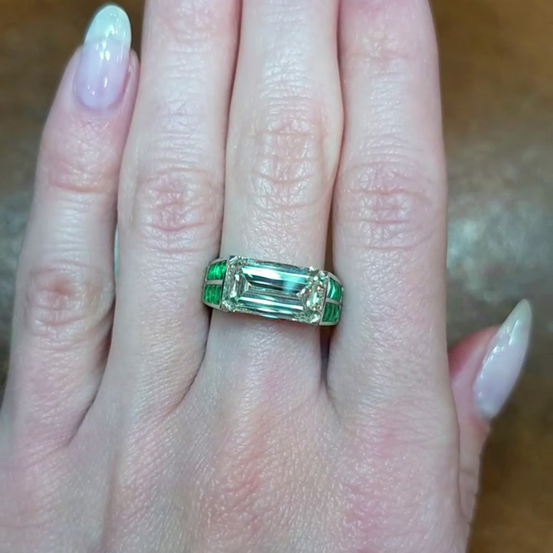 3.58ct Emerald Cut White Sapphire Paved Emeralds Handmade Engagement Ring