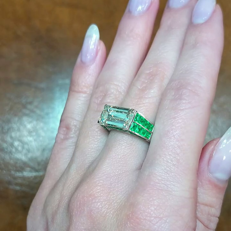3.58ct Emerald Cut White Sapphire Paved Emeralds Handmade Engagement Ring