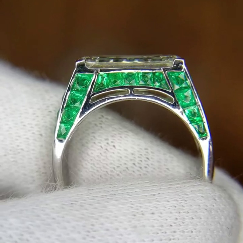 3.58ct Emerald Cut White Sapphire Paved Emeralds Handmade Engagement Ring