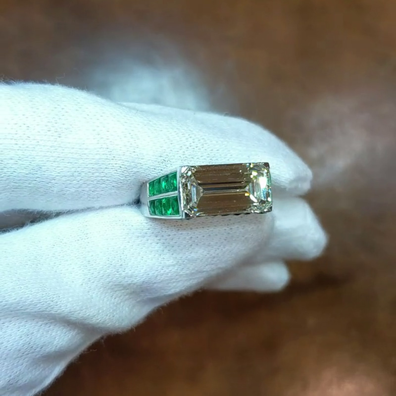 3.58ct Emerald Cut White Sapphire Paved Emeralds Handmade Engagement Ring