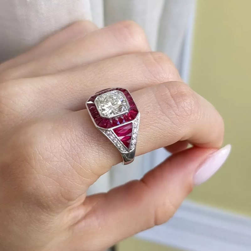 4.57ct Ruby And 1.52ct Round Cut White Sapphire Antique Engagement Ring