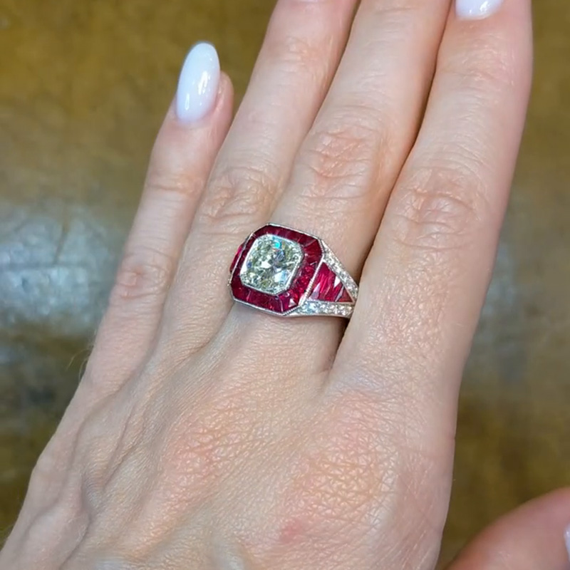 4.57ct Ruby And 1.52ct Round Cut White Sapphire Antique Engagement Ring