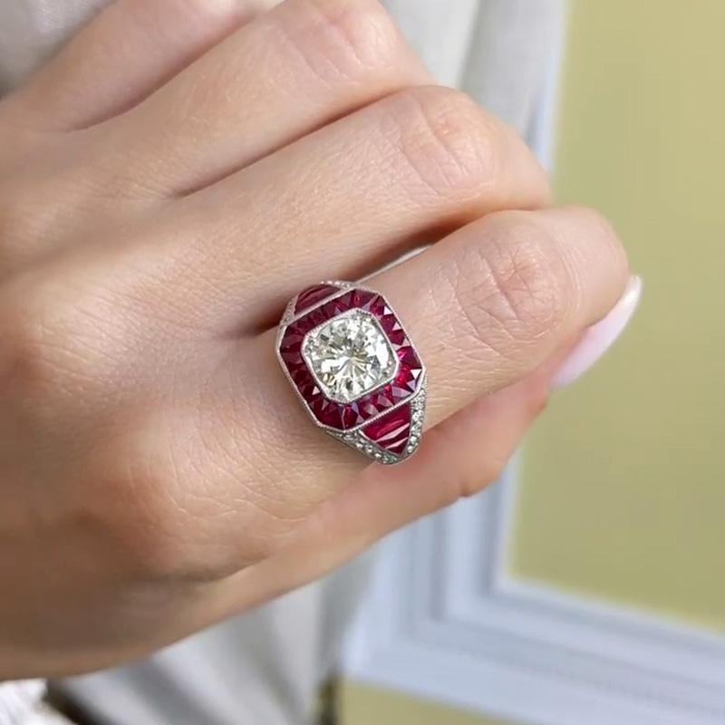 4.57ct Ruby And 1.52ct Round Cut White Sapphire Antique Engagement Ring