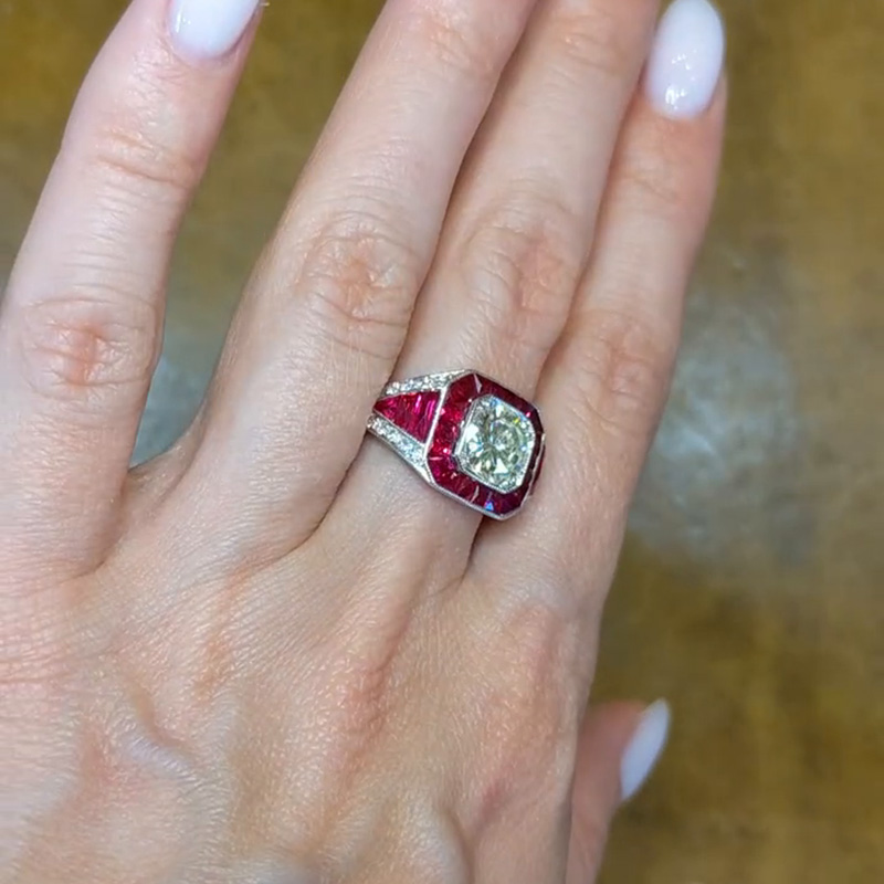 4.57ct Ruby And 1.52ct Round Cut White Sapphire Antique Engagement Ring