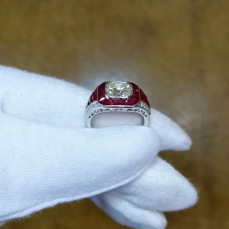 4.57ct Ruby And 1.52ct Round Cut White Sapphire Antique Engagement Ring