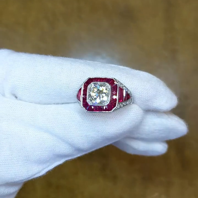 4.57ct Ruby And 1.52ct Round Cut White Sapphire Antique Engagement Ring