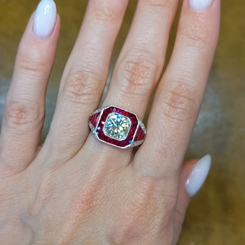 4.57ct Ruby And 1.52ct Round Cut White Sapphire Antique Engagement Ring