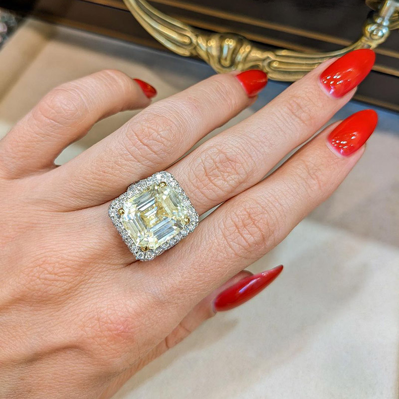 14.27ct Emerald Cut Yellow Sapphire Double Halo Pave Handmade Engagement Ring