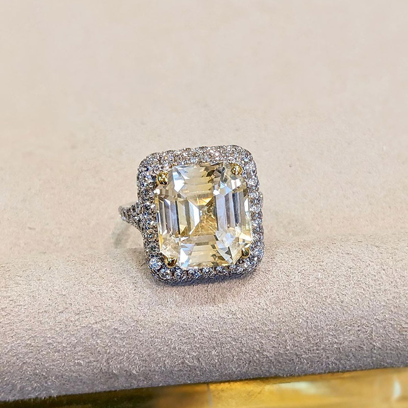 14.27ct Emerald Cut Yellow Sapphire Double Halo Pave Handmade Engagement Ring