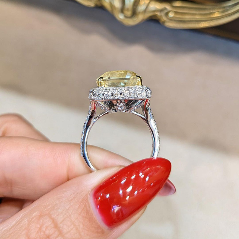 14.27ct Emerald Cut Yellow Sapphire Double Halo Pave Handmade Engagement Ring