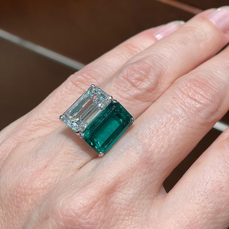 10ct Emerald Cut White Sapphire And Green Emerald Two Stone Engagement Ring