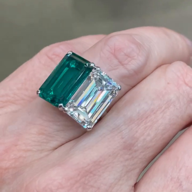 10ct Emerald Cut White Sapphire And Green Emerald Two Stone Engagement Ring