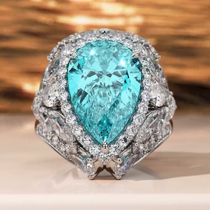 7ct Pear Cut Paraiba Tourmaline White Sapphire Halo Pave Handmade Ring