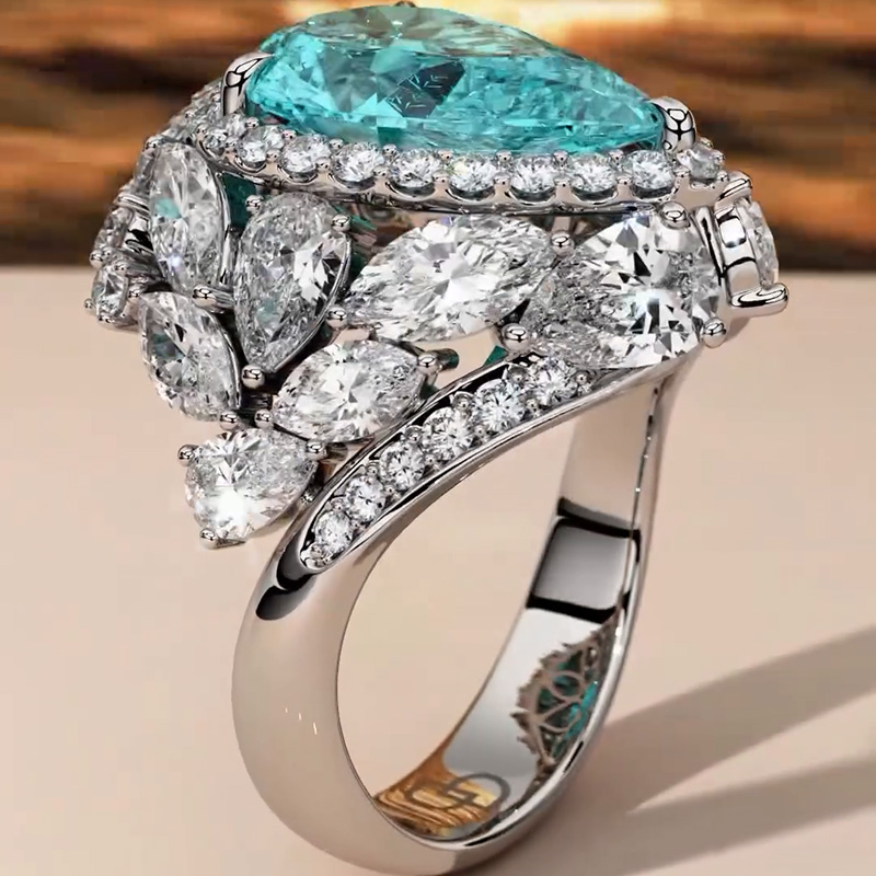 7ct Pear Cut Paraiba Tourmaline White Sapphire Halo Pave Handmade Ring