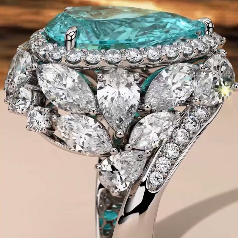 7ct Pear Cut Paraiba Tourmaline White Sapphire Halo Pave Handmade Ring