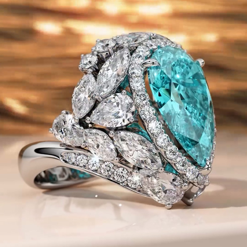 7ct Pear Cut Paraiba Tourmaline White Sapphire Halo Pave Handmade Ring