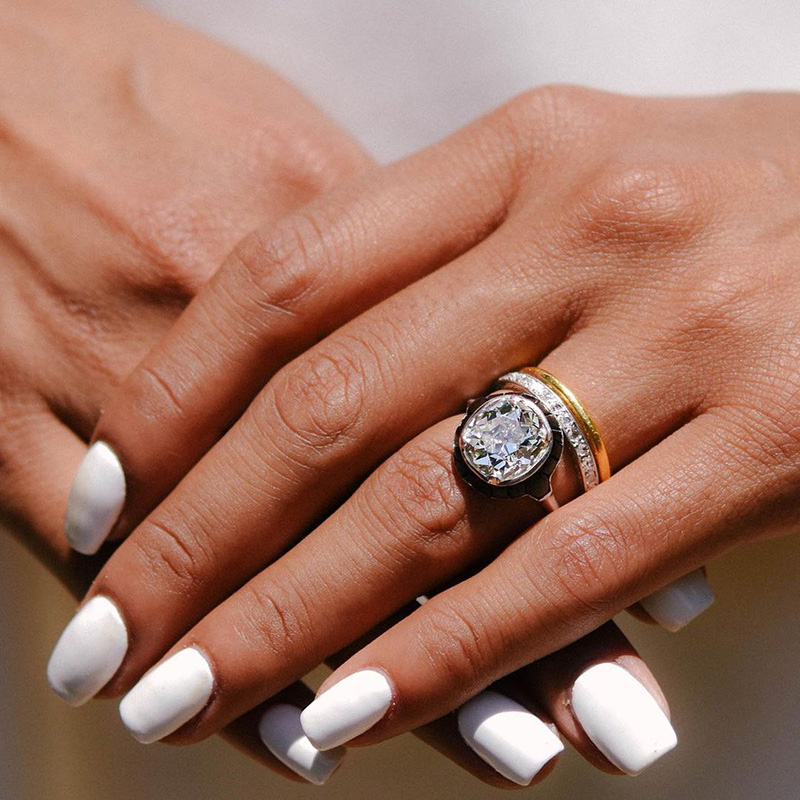 4.23ct Cushion Cut White Sapphire With Surrounding Black Stone Strong Contrast Vintage Engagement Ring