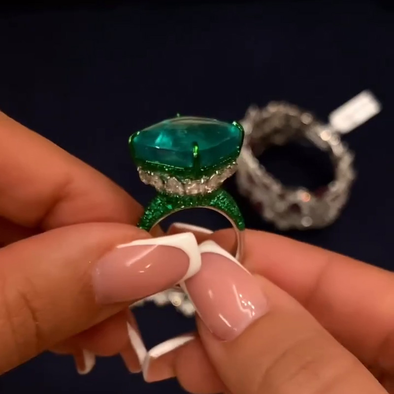 17.92ct Cushion Cut Emerald Pave Two Tone Handmade Ring