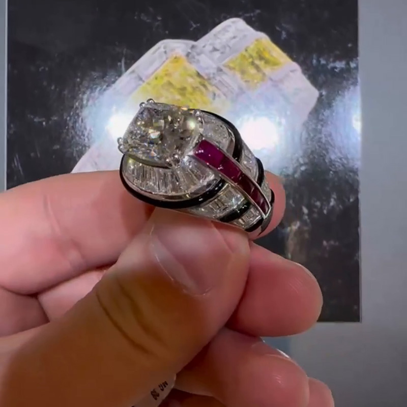 5ct Cushion Cut In A Complex Setting Of Baguette White Sapphires Handmade Ring