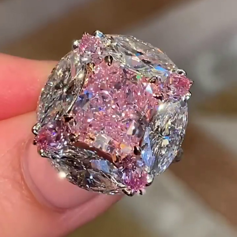 4ct Radiant Cut Pink Sapphire With Surrounding Marquise White Sapphires Engagement Ring