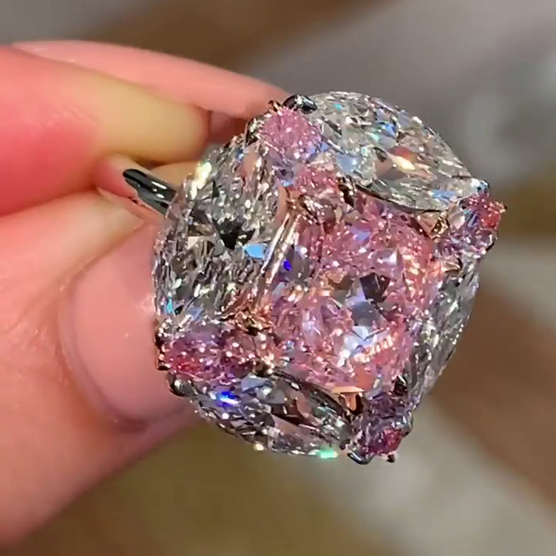 4ct Radiant Cut Pink Sapphire With Surrounding Marquise White Sapphires Engagement Ring