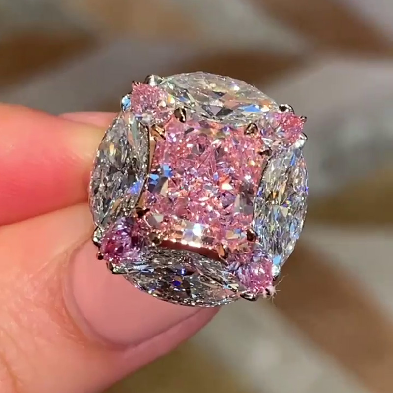 4ct Radiant Cut Pink Sapphire With Surrounding Marquise White Sapphires Engagement Ring