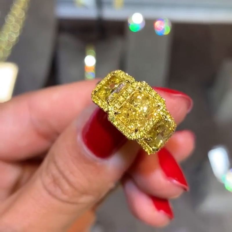 11ctw Radiant Cut Yellow Sapphires Three Stone Halo Engagement Ring In Yellow Gold