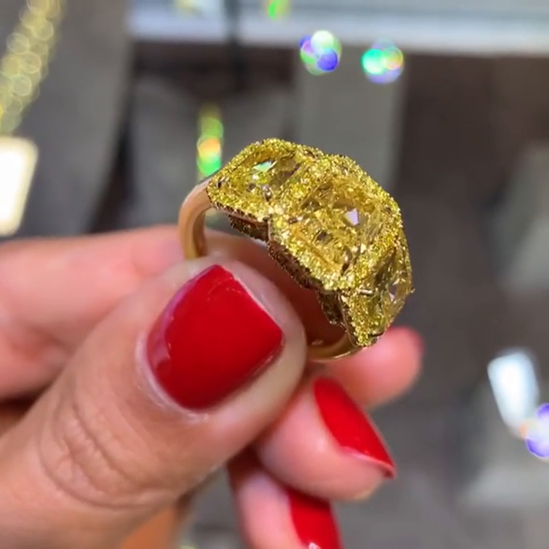 11ctw Radiant Cut Yellow Sapphires Three Stone Halo Engagement Ring In Yellow Gold