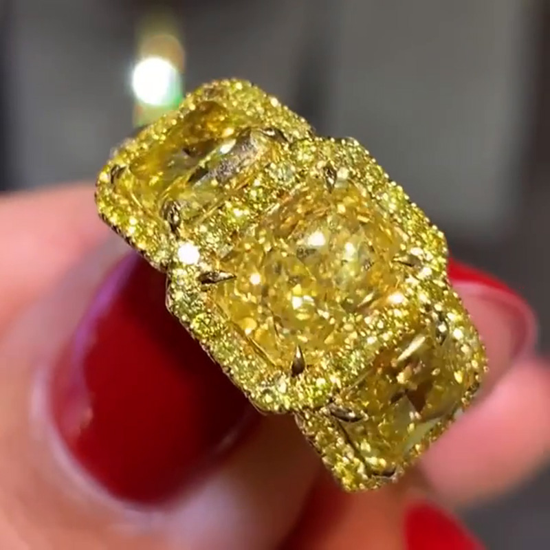 11ctw Radiant Cut Yellow Sapphires Three Stone Halo Engagement Ring In Yellow Gold