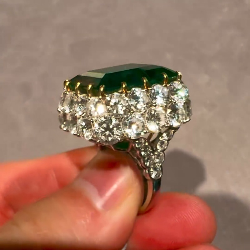 16ct Emerald Cut Vivid Green Emerald Double Halo Vintage Handmade Ring