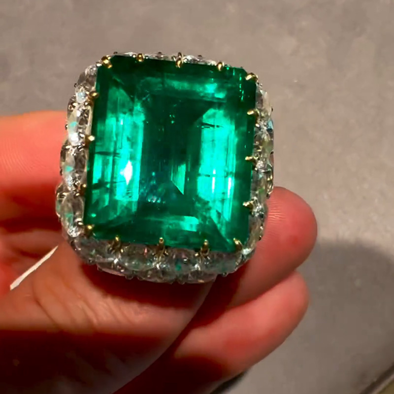 16ct Emerald Cut Vivid Green Emerald Double Halo Vintage Handmade Ring