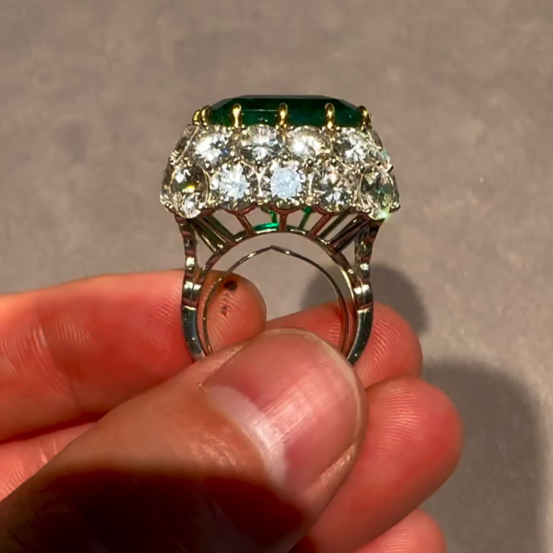 16ct Emerald Cut Vivid Green Emerald Double Halo Vintage Handmade Ring