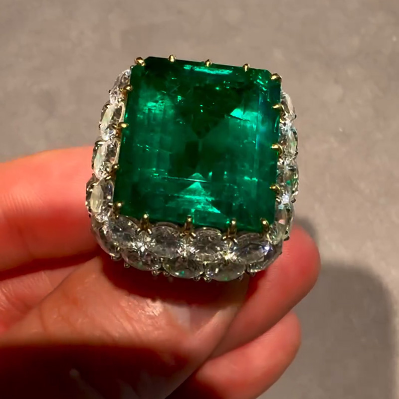 16ct Emerald Cut Vivid Green Emerald Double Halo Vintage Handmade Ring