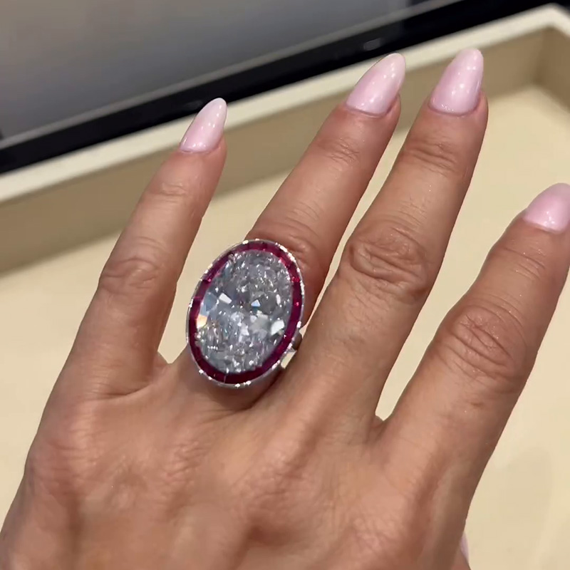 15ct Oval Cut White Sapphire With Rubies Framing Handmade Sterling Silver Engagement Ring