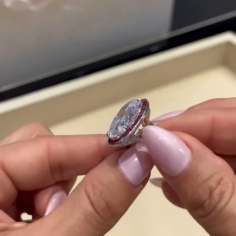 15ct Oval Cut White Sapphire With Rubies Framing Handmade Sterling Silver Engagement Ring