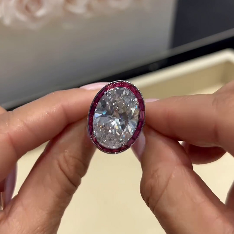 15ct Oval Cut White Sapphire With Rubies Framing Handmade Sterling Silver Engagement Ring