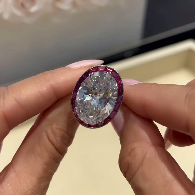 15ct Oval Cut White Sapphire With Rubies Framing Handmade Sterling Silver Engagement Ring