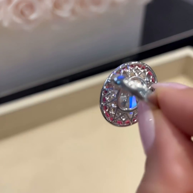 15ct Oval Cut White Sapphire With Rubies Framing Handmade Sterling Silver Engagement Ring